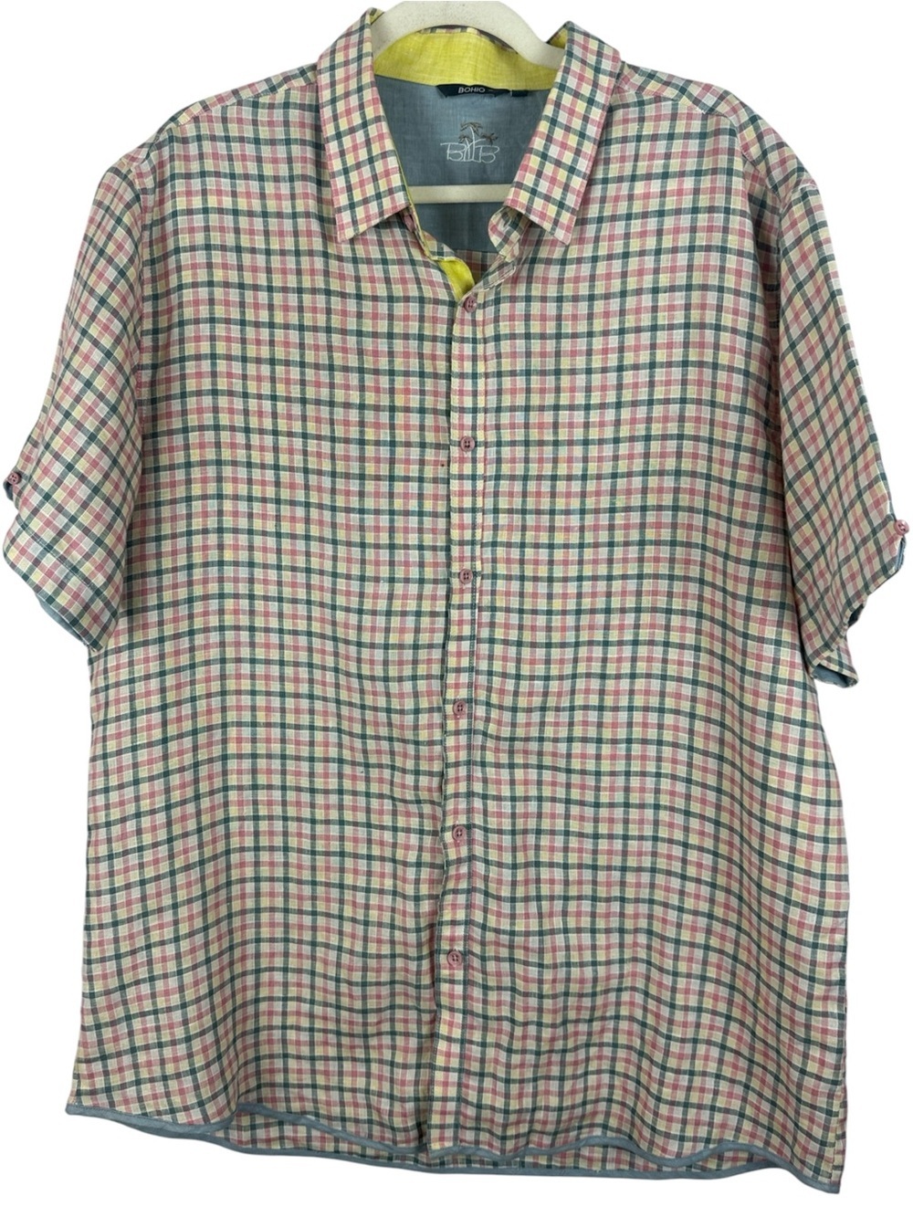BOHIO Men's 100% Linen Plaid Short Sleeve Button Down Shirt Multicolor XL
